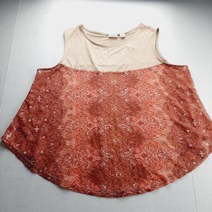 Cato Womens Sleeveless Top Size Medium Tan Faux Suede Pink Floral Lace Sheer